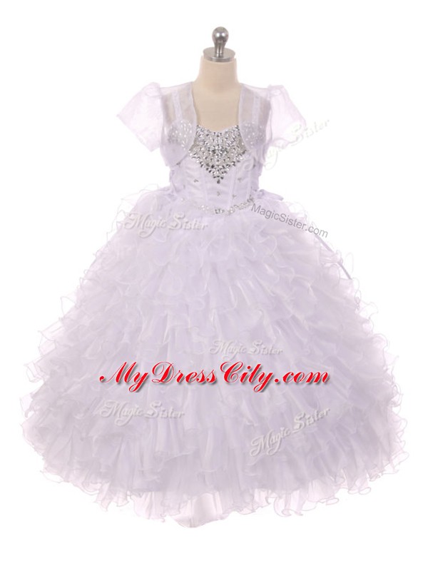 White Organza Lace Up Kids Pageant Dress Sleeveless Floor Length Beading and Ruffles