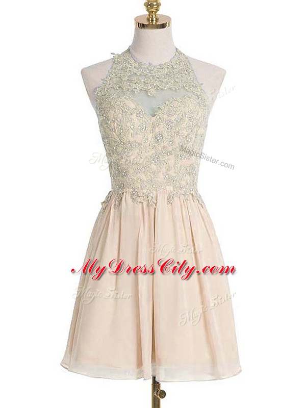 Beautiful Knee Length Champagne Bridesmaid Gown Halter Top Sleeveless Lace Up