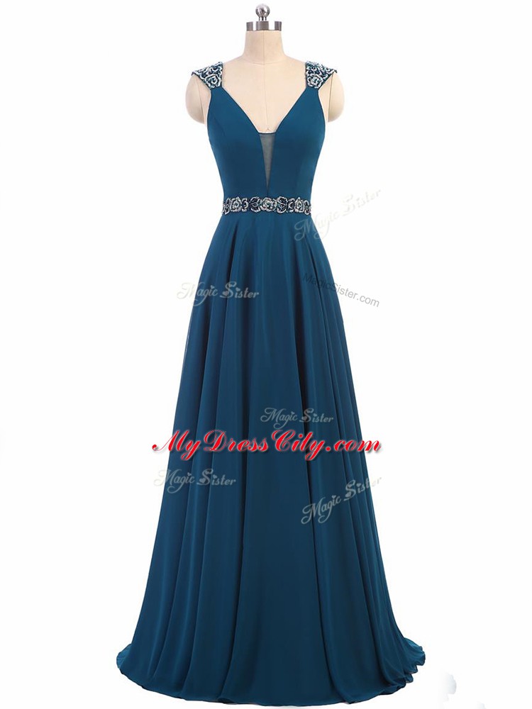Smart Teal Cap Sleeves Chiffon Lace Up for Prom and Military Ball and Sweet 16