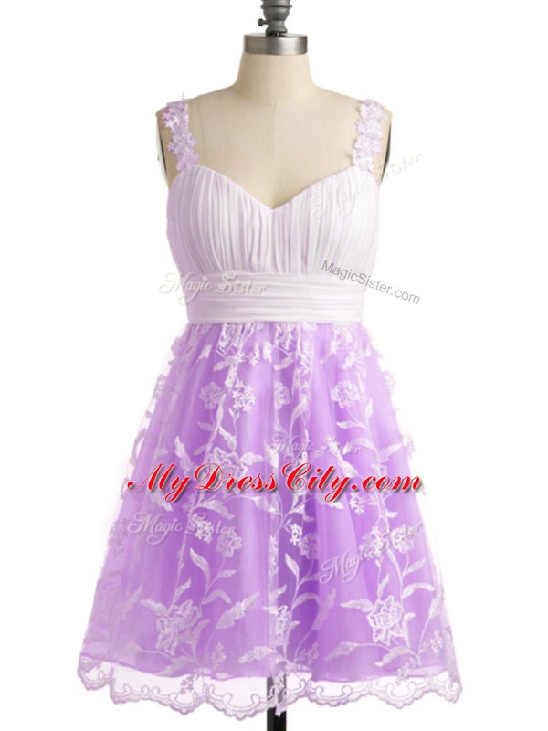 Lilac Lace Up Quinceanera Court of Honor Dress Lace Sleeveless Knee Length