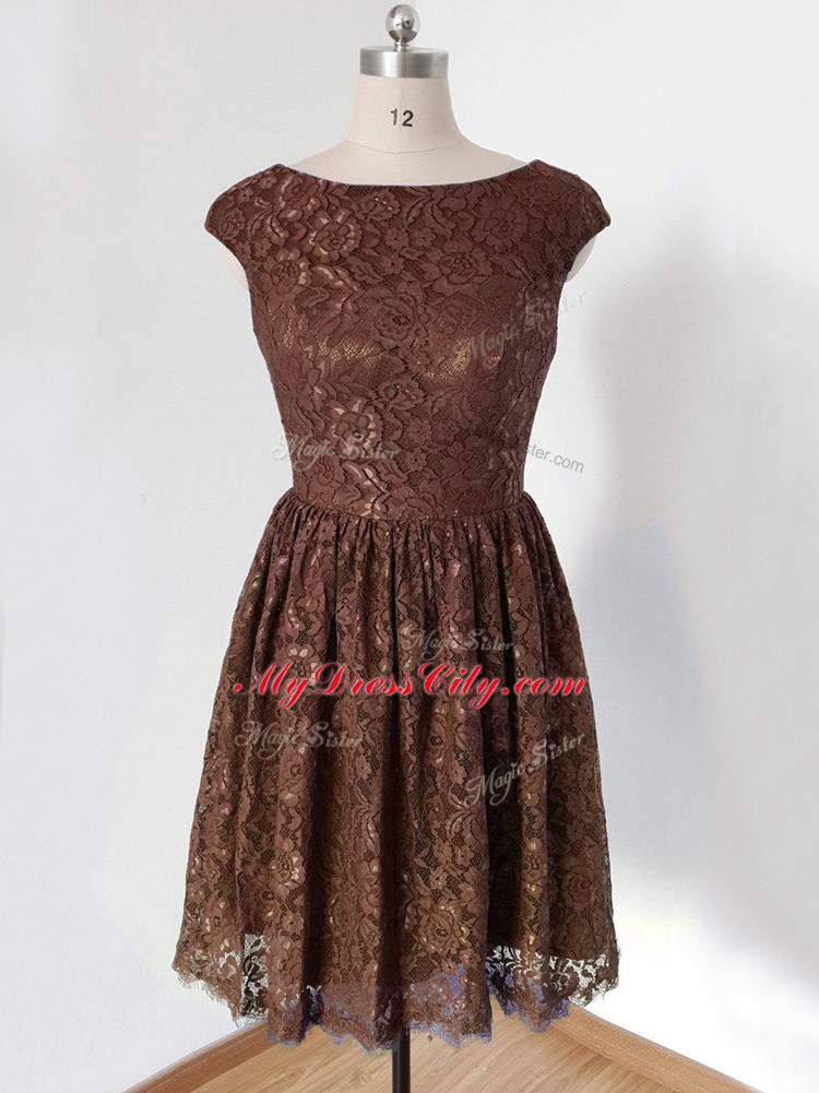 Brown Lace Lace Up Bridesmaid Gown Cap Sleeves Knee Length Lace