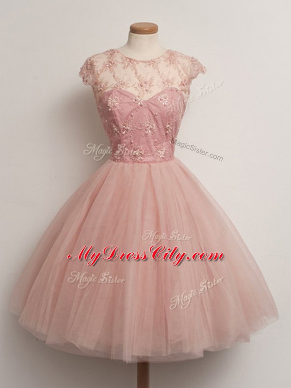 Fantastic Peach Ball Gowns Tulle Scoop Cap Sleeves Lace Knee Length Lace Up Dama Dress