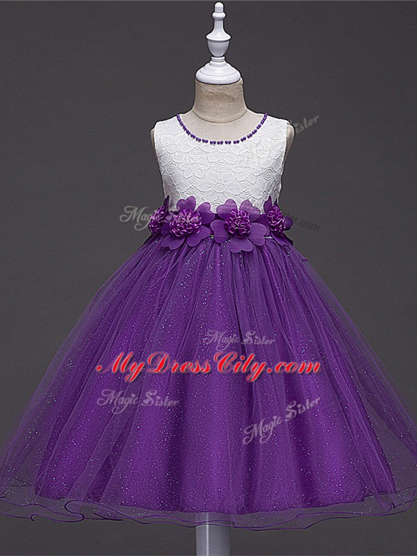 Tulle Sleeveless Knee Length Kids Formal Wear and Lace and Hand Made Flower