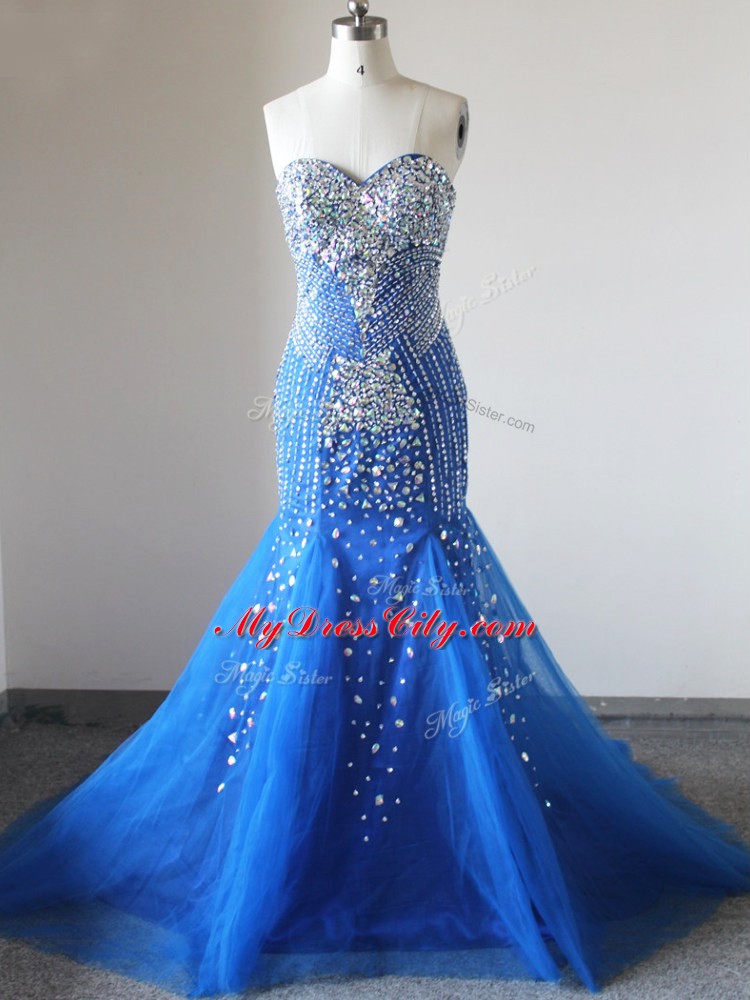 On Sale Royal Blue Sleeveless Beading Zipper Formal Evening Gowns