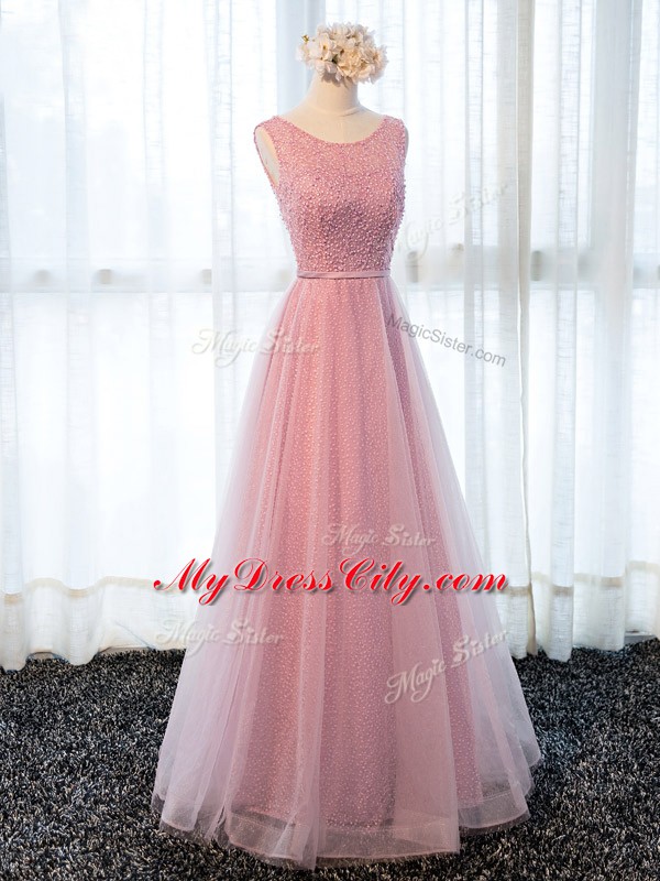 Pink Prom and Military Ball and Sweet 16 with Beading and Belt Scoop Sleeveless Zipper