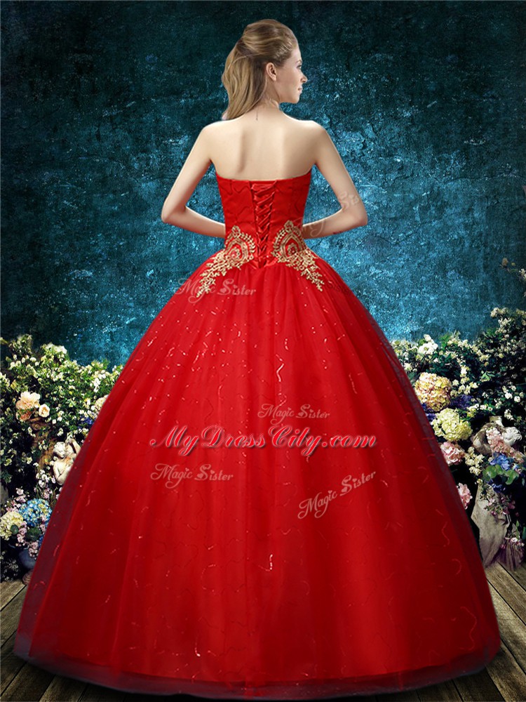 Pretty Red Sleeveless Floor Length Appliques Lace Up Wedding Dress