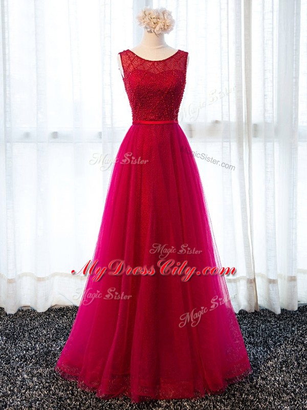 Glittering Fuchsia Lace Up Prom Dresses Beading and Belt Sleeveless Floor Length