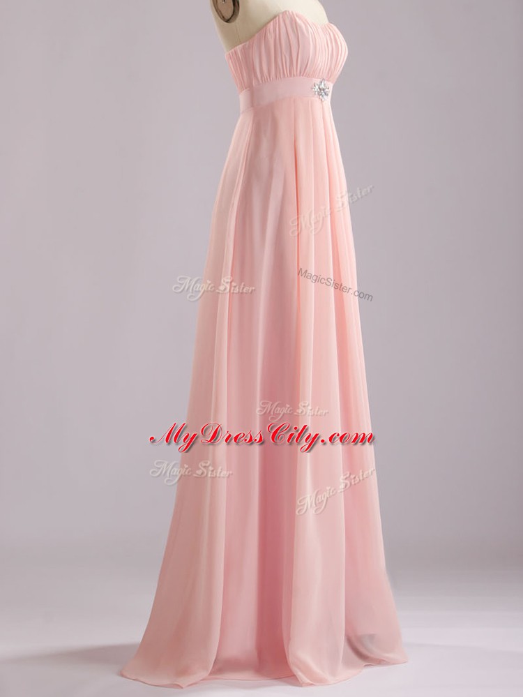 Baby Pink Empire Chiffon Sweetheart Sleeveless Beading and Ruching Floor Length Zipper Dama Dress