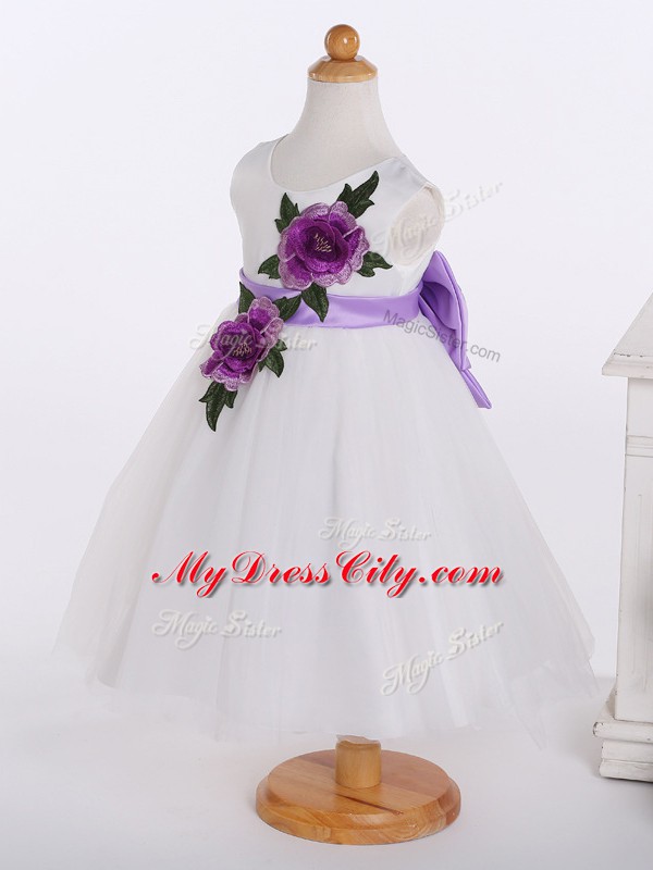 Glamorous White Zipper Flower Girl Dress Bowknot and Hand Made Flower Sleeveless Knee Length