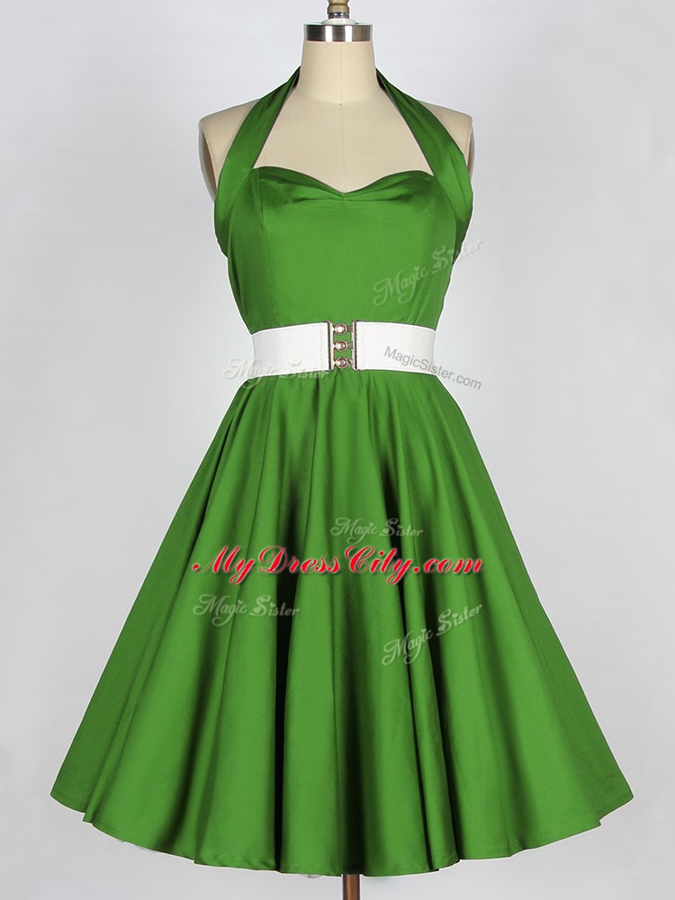 Eye-catching Knee Length Lace Up Quinceanera Dama Dress Green for Prom and Party and Wedding Party with Belt