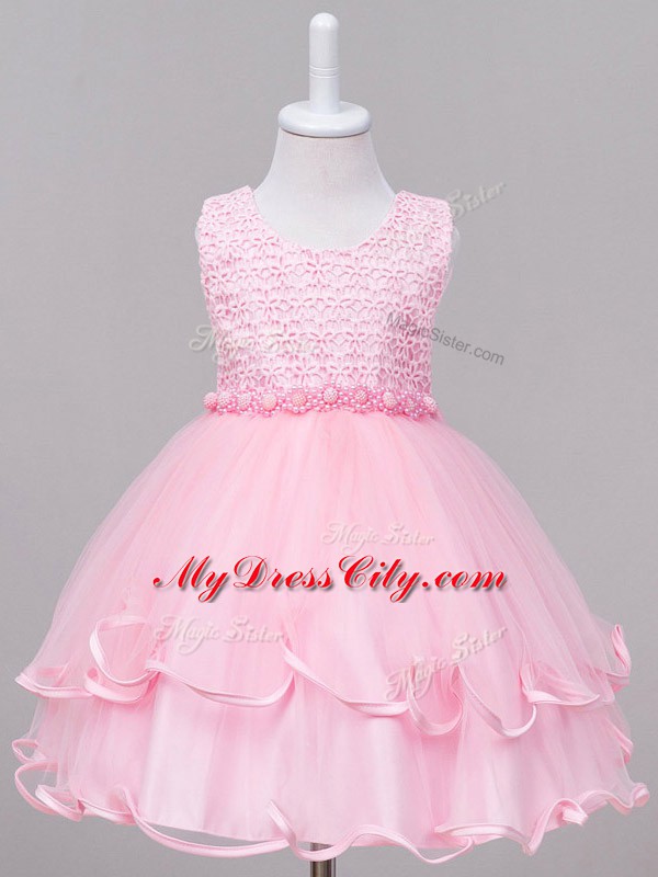 Great Knee Length Baby Pink Little Girls Pageant Dress Wholesale Tulle Sleeveless Lace