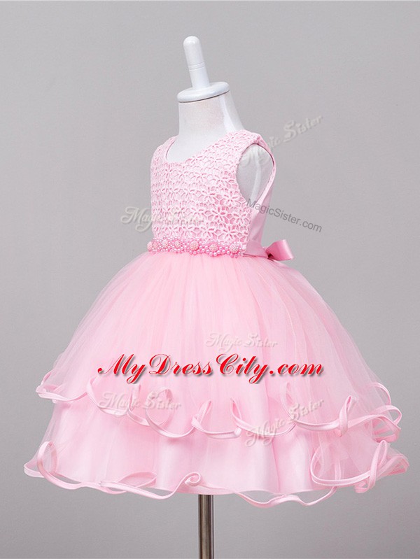 Great Knee Length Baby Pink Little Girls Pageant Dress Wholesale Tulle Sleeveless Lace