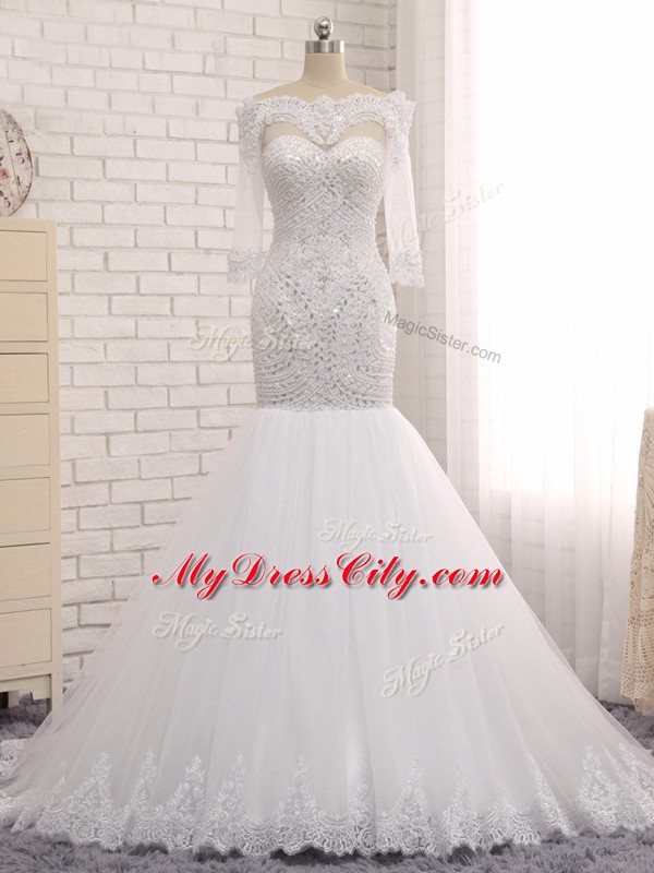 Ideal White Zipper Off The Shoulder Beading and Lace Wedding Gown Tulle Sleeveless