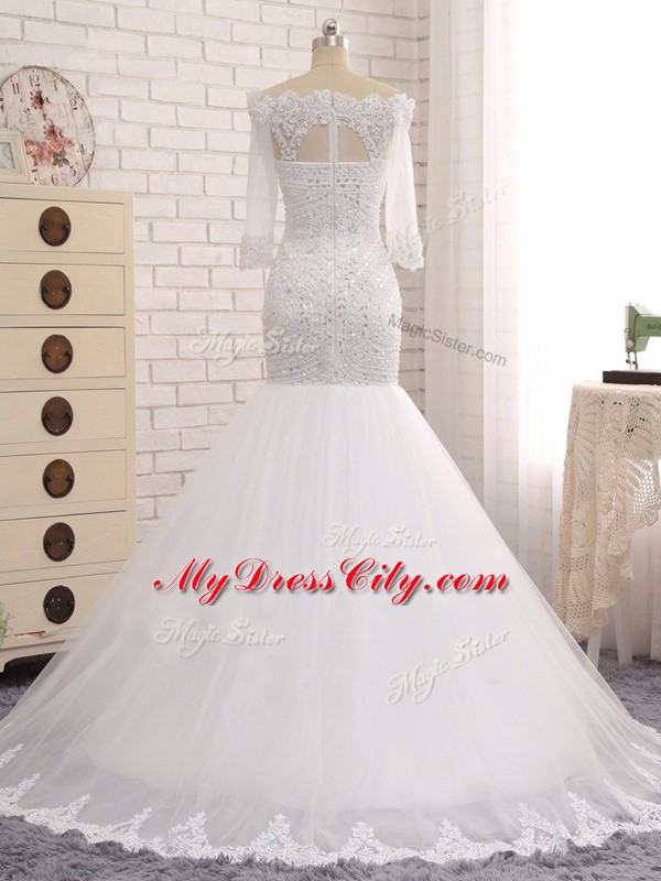 Ideal White Zipper Off The Shoulder Beading and Lace Wedding Gown Tulle Sleeveless