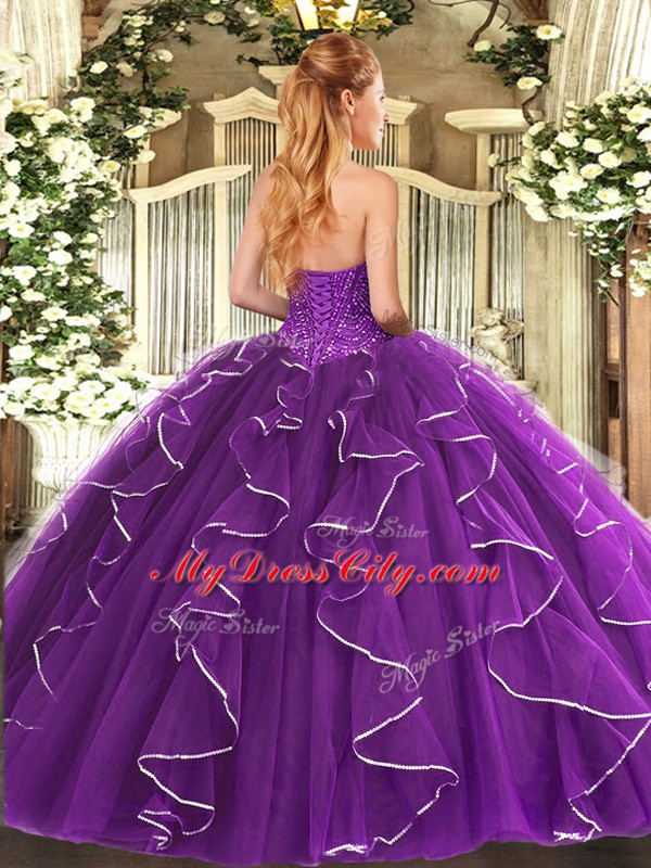 Floor Length Lace Up 15 Quinceanera Dress Blue for Military Ball and Sweet 16 and Quinceanera with Beading and Ruffles