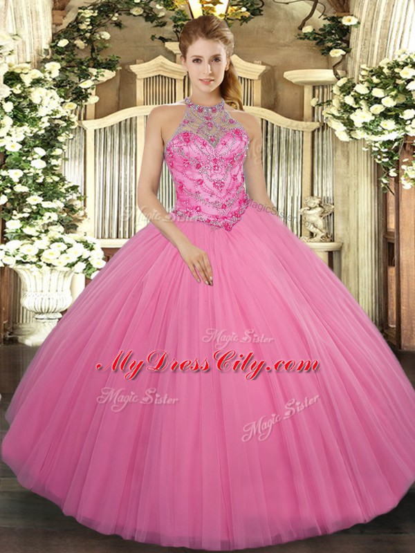 Rose Pink Sleeveless Floor Length Beading Lace Up Sweet 16 Quinceanera Dress