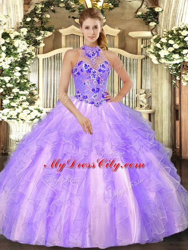 Fitting Lavender Halter Top Neckline Beading and Ruffles Quinceanera Gowns Sleeveless Lace Up