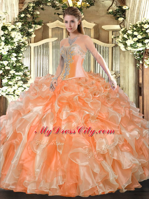 Orange Ball Gowns Organza Sweetheart Sleeveless Beading and Ruffles Floor Length Lace Up Quinceanera Gowns
