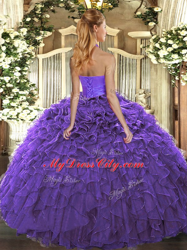 Ruffles Ball Gown Prom Dress Fuchsia Lace Up Sleeveless Floor Length