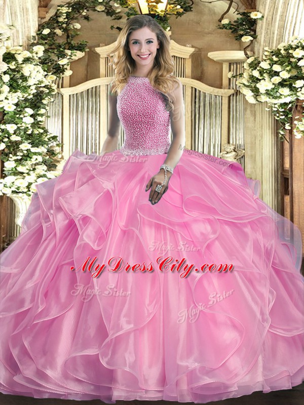 Charming Floor Length Ball Gowns Sleeveless Rose Pink 15 Quinceanera Dress Lace Up