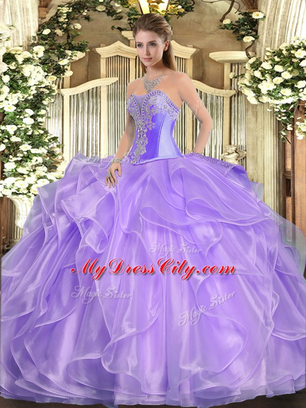 Perfect Lavender Quinceanera Dresses Military Ball and Sweet 16 and Quinceanera with Beading and Ruffles Sweetheart Sleeveless Lace Up