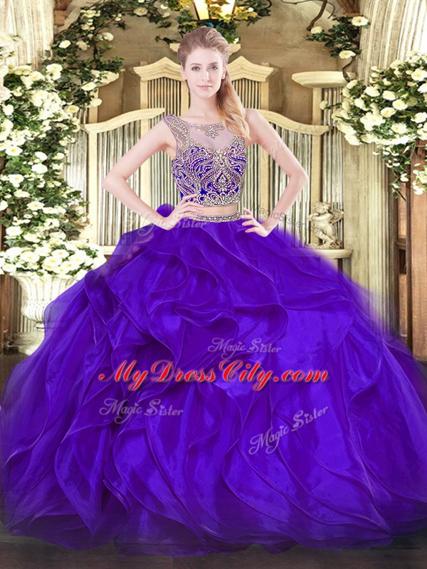 Stunning Purple Two Pieces Scoop Sleeveless Organza Floor Length Lace Up Beading and Ruffles Quinceanera Gowns