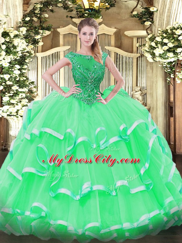 Apple Green Ball Gowns Organza Scoop Sleeveless Beading and Ruffled Layers Floor Length Lace Up Ball Gown Prom Dress