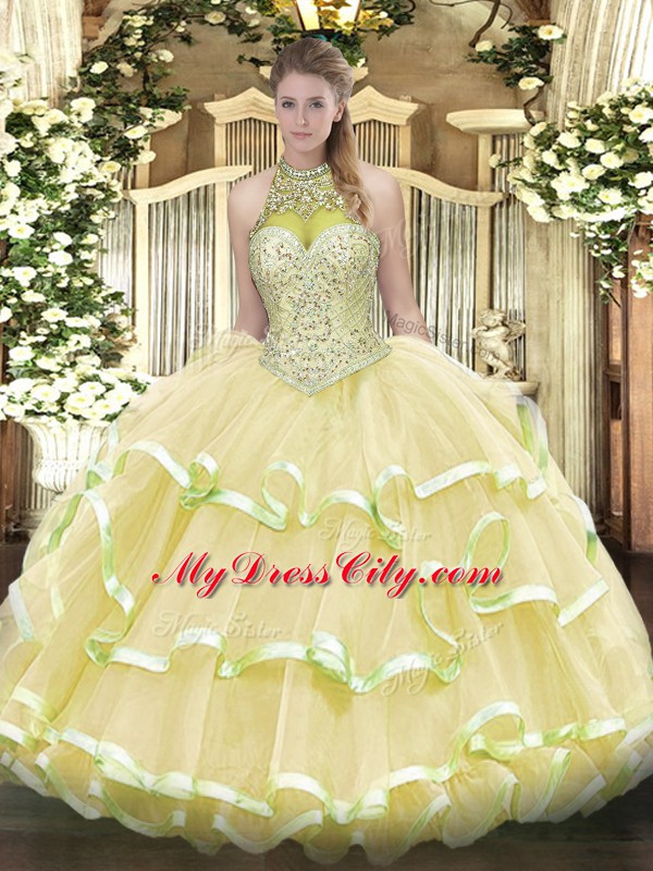 Cute Ball Gowns Sweet 16 Dresses Light Yellow Halter Top Organza and Tulle Sleeveless Floor Length Lace Up