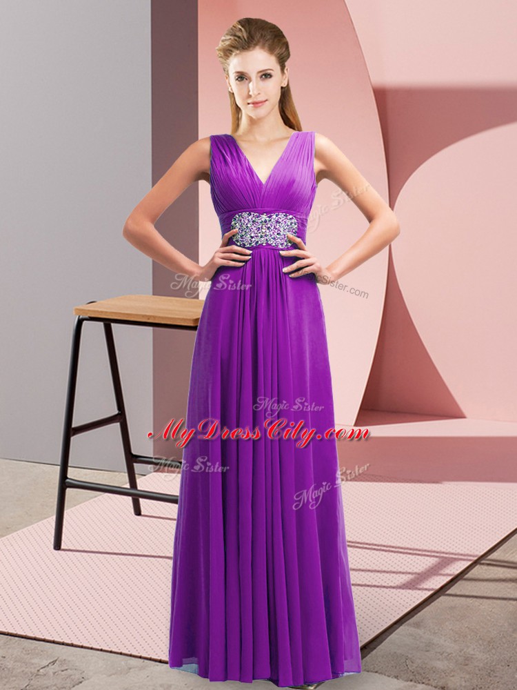 Affordable Purple Empire Beading and Ruching Evening Dress Side Zipper Chiffon Sleeveless Floor Length
