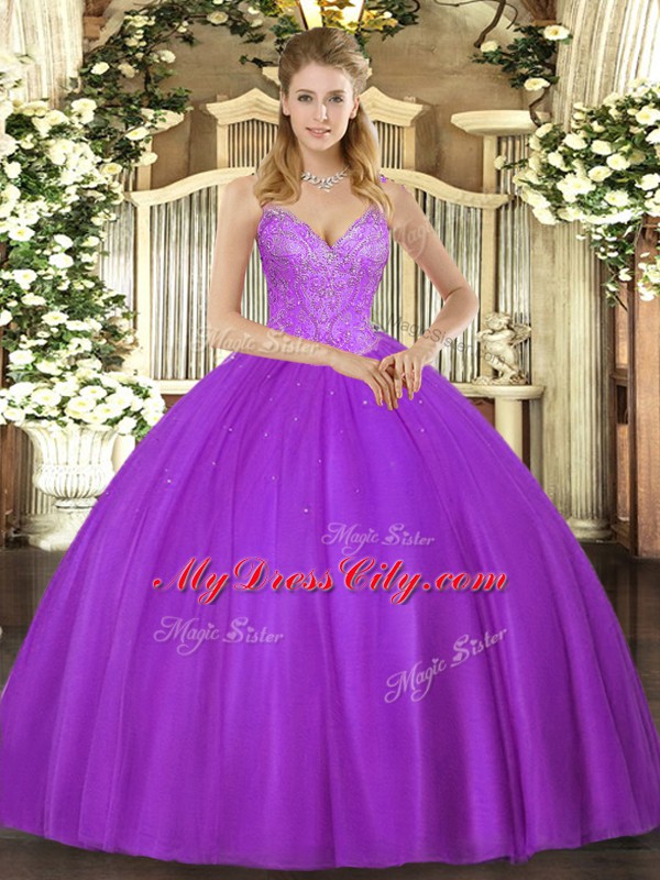 Glorious V-neck Sleeveless Tulle Quince Ball Gowns Beading Lace Up