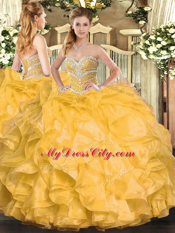 Floor Length Ball Gowns Sleeveless Gold Quinceanera Gowns Lace Up