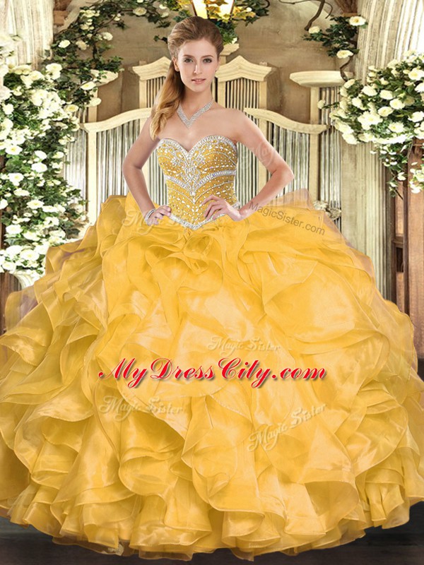 Floor Length Ball Gowns Sleeveless Gold Quinceanera Gowns Lace Up