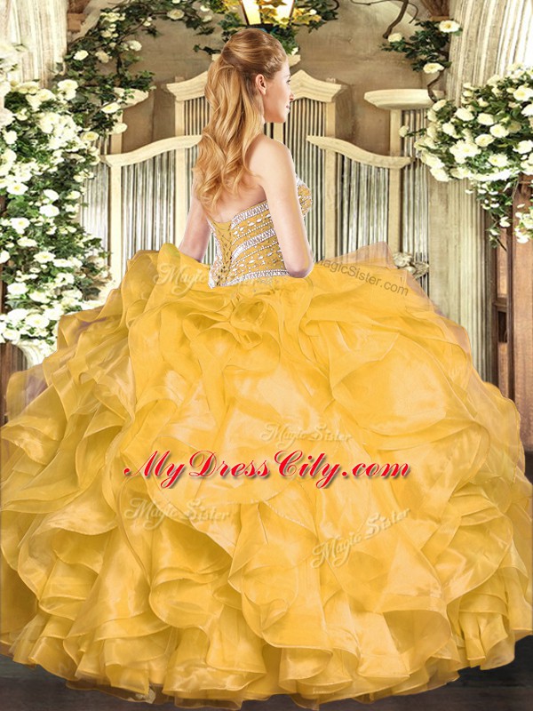 Floor Length Ball Gowns Sleeveless Gold Quinceanera Gowns Lace Up