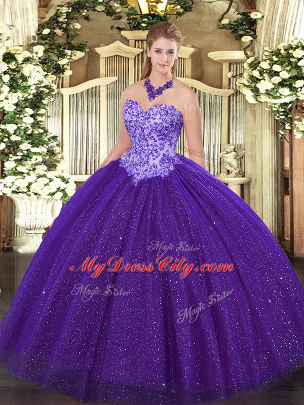 Floor Length Purple Sweet 16 Dress Tulle Sleeveless Beading