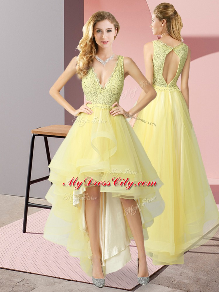 Exquisite High Low A-line Sleeveless Yellow Evening Dress Backless