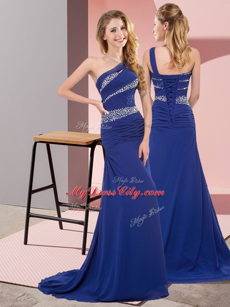 Dynamic Blue Sleeveless Floor Length Beading Lace Up Evening Dress
