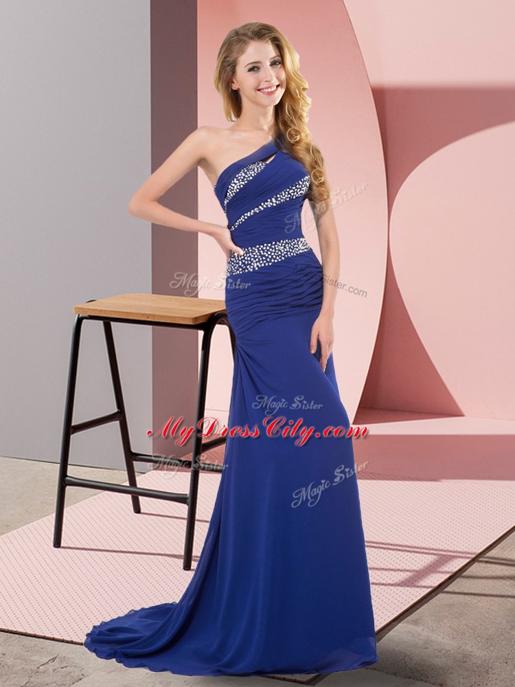 Dynamic Blue Sleeveless Floor Length Beading Lace Up Evening Dress