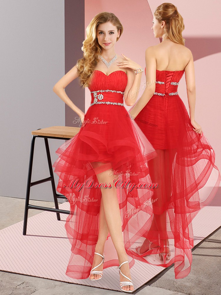 A-line Prom Dress Red Sweetheart Tulle Sleeveless High Low Lace Up