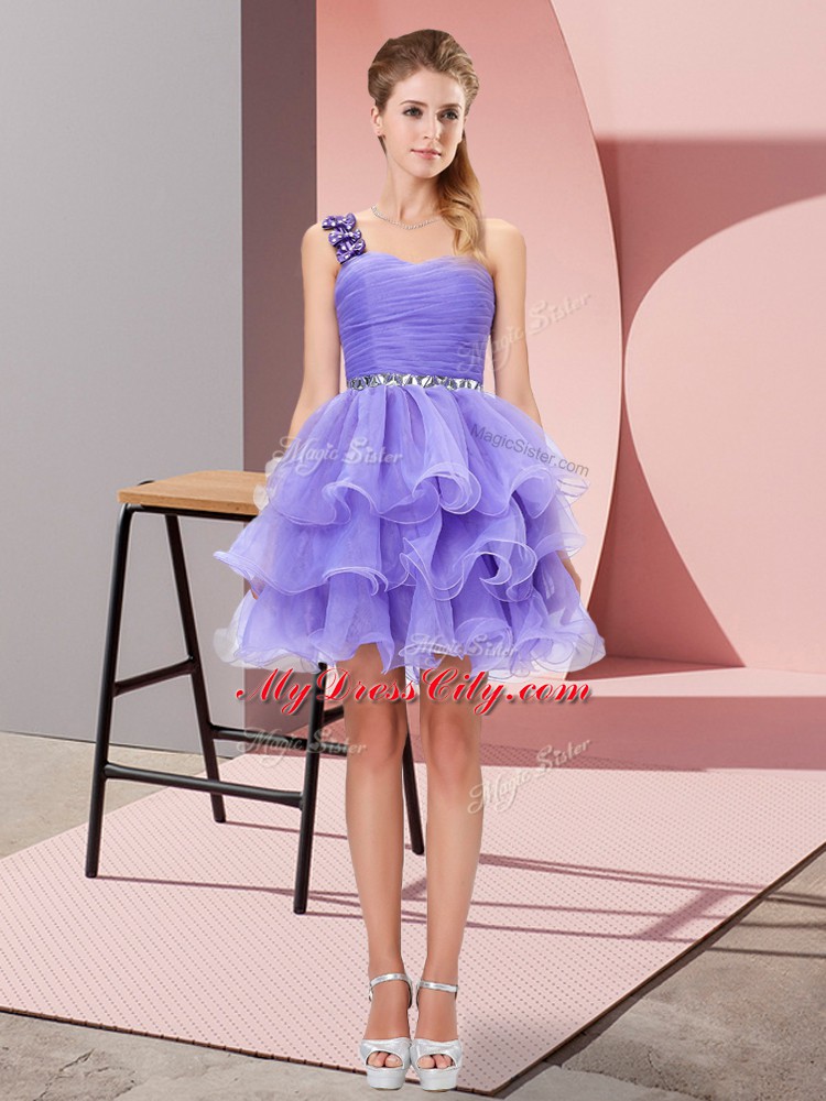 Extravagant A-line Prom Party Dress Lavender One Shoulder Organza Sleeveless Mini Length Lace Up