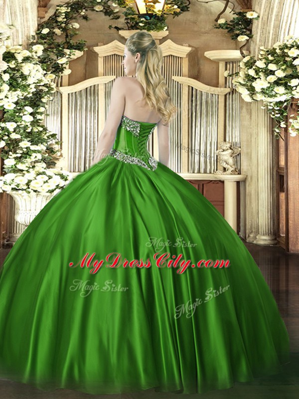 Green Sleeveless Satin Lace Up Quinceanera Gowns for Military Ball and Sweet 16 and Quinceanera