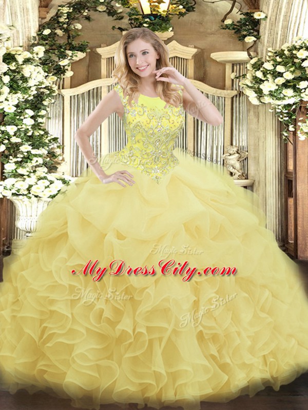Glamorous Yellow Sleeveless Floor Length Beading and Ruffles Zipper Quinceanera Gowns