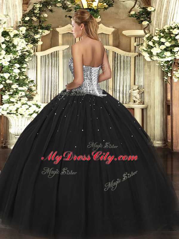 Trendy Black Sleeveless Floor Length Beading Lace Up 15th Birthday Dress