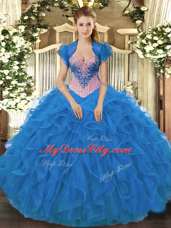 Decent Blue Sleeveless Floor Length Beading and Ruffles Lace Up Quinceanera Dress