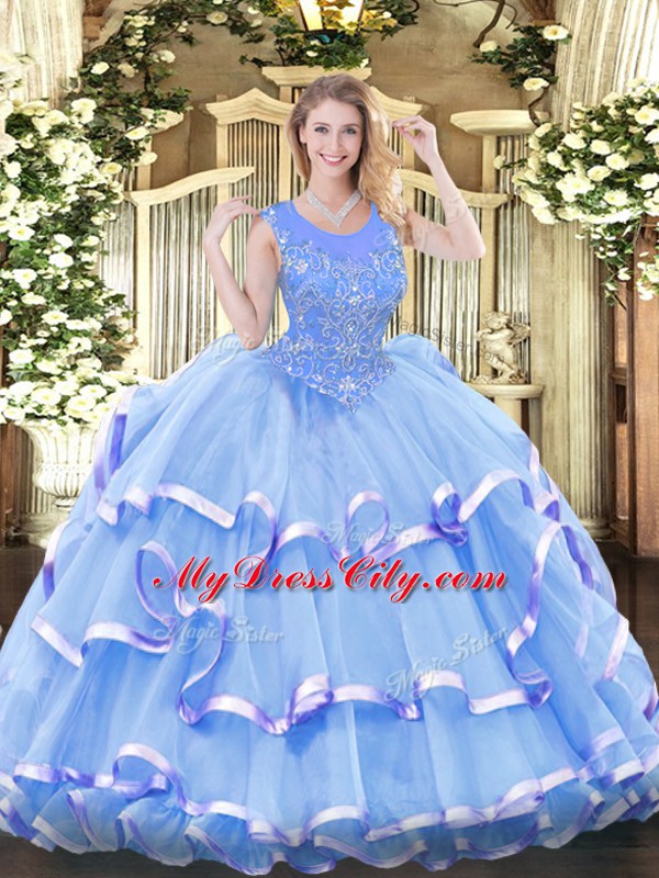 Organza Scoop Sleeveless Zipper Beading and Ruffled Layers Sweet 16 Quinceanera Dress in Baby Blue