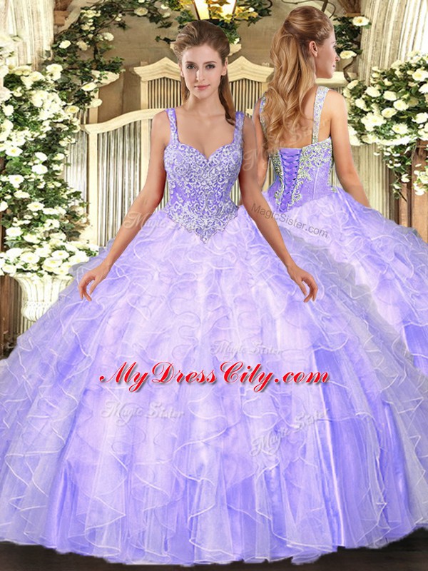 Lavender Ball Gowns Beading and Ruffles Quinceanera Gowns Lace Up Tulle Sleeveless Floor Length