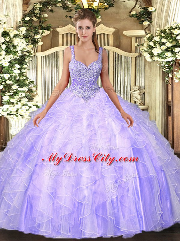 Lavender Ball Gowns Beading and Ruffles Quinceanera Gowns Lace Up Tulle Sleeveless Floor Length