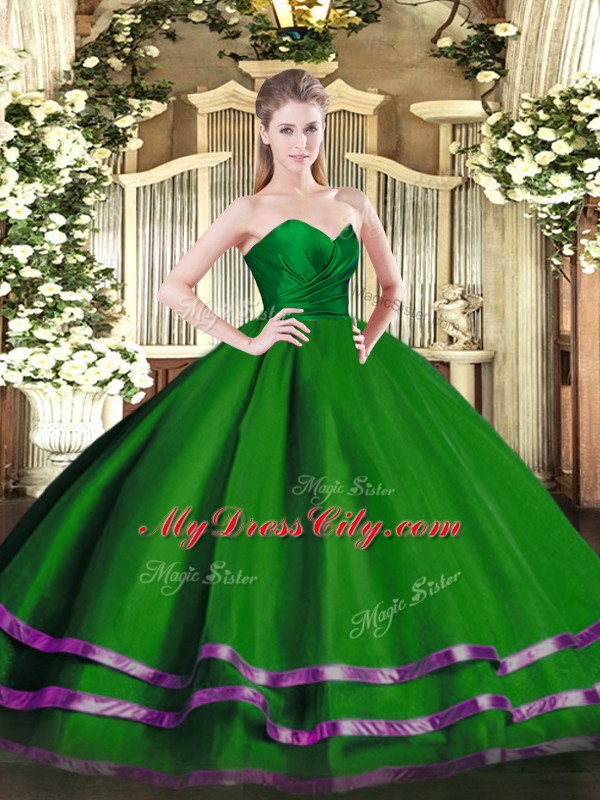 Sleeveless Floor Length Ruffled Layers Zipper Ball Gown Prom Dress with Green
