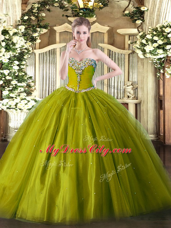 Most Popular Beading 15 Quinceanera Dress Olive Green Lace Up Sleeveless Floor Length