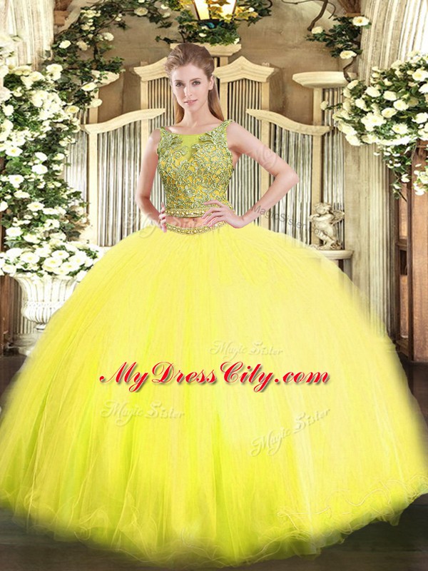 Floor Length Lace Up Quinceanera Gown Yellow for Military Ball and Sweet 16 and Quinceanera with Beading