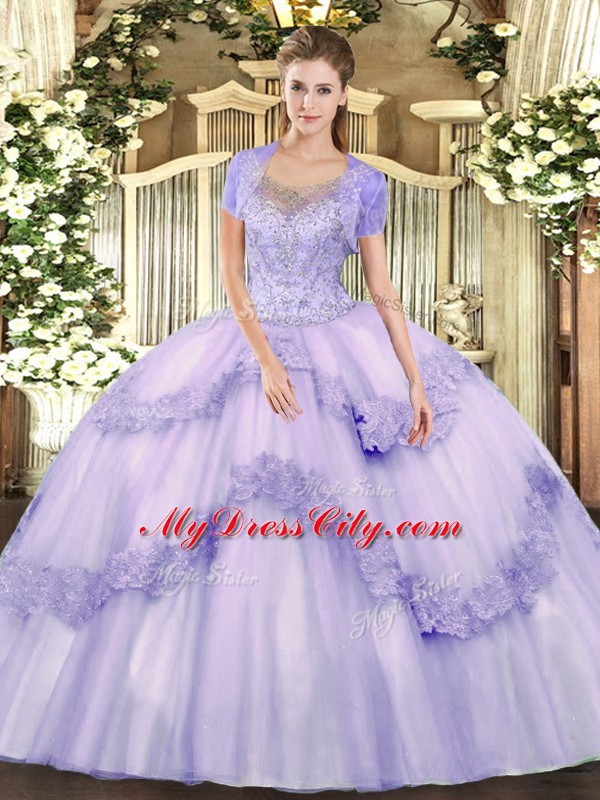 Dramatic Sleeveless Tulle Floor Length Clasp Handle Quinceanera Gown in Lavender with Beading and Appliques